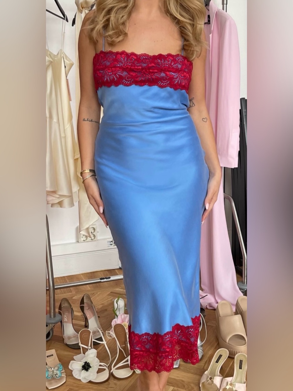 Djerf Avenue Blue Satin Midi Dress with Red Lace Trim